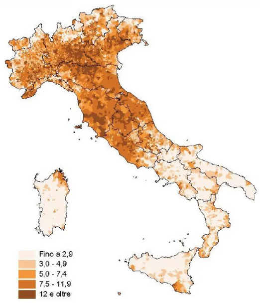 Fig. 1 – Stranieri residenti nei co- co-muni italiani. 1° gennaio 2011, per  100 residenti nei comuni italiani