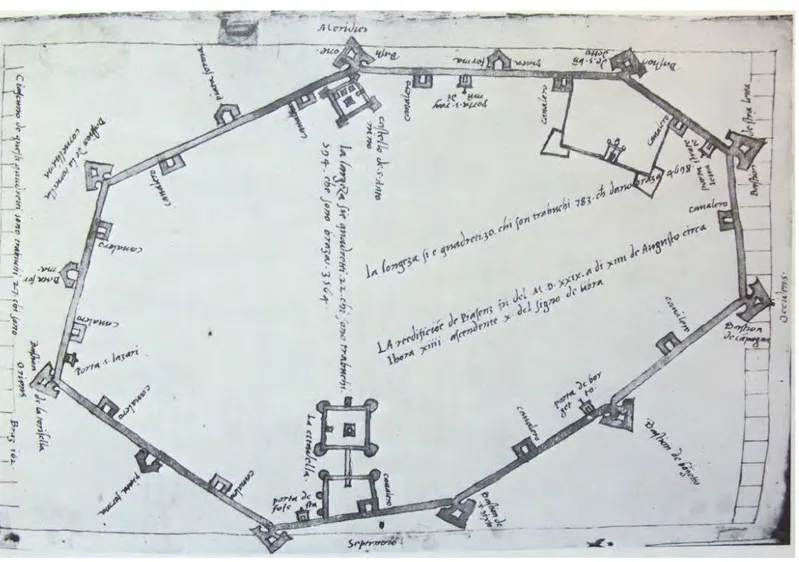 Fig.  1.  Planimetria  delle  mura  di  Piacenza.  Bendetto  Labadini,  In  Fumi  Bartholomaei  Placentini  «  Therpraxidem  »  Commentarius,  1544.