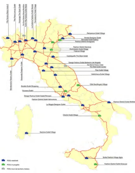 Fig.  4.  Localizzazione  dei  Factory  Outlet Centers in Italia.  Attualmen-te sul Attualmen-tessitoria italiano sono  pre-senti 23 FOCs, posizionati lungo le  principali arterie autostradali