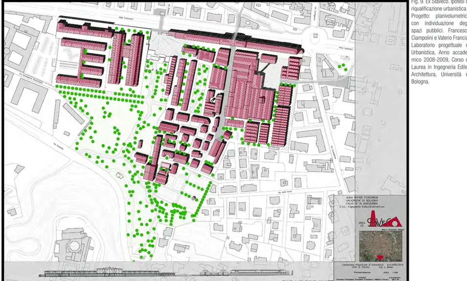 Fig. 9. Ex Staveco. Ipotesi di  riqualificazione urbanistica. Progetto:  planivolumetrico  con  individuazione  degli  spazi  pubblici