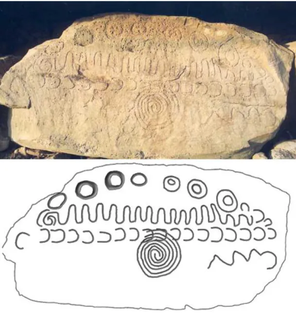 Fig. 5. La cosiddetta ‘Calendar Stone’ (kerbstone SW22), nella località irlandese di Knowth, con 29 simboli  per il completo ciclo lunare