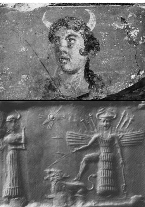 Fig. 11. In alto: il simbolo della ‘tiara a corna’, distintivo della divinità e della regalità, interpretata come  falce lunare in un affresco pompeiano in via dell’Abbondanza