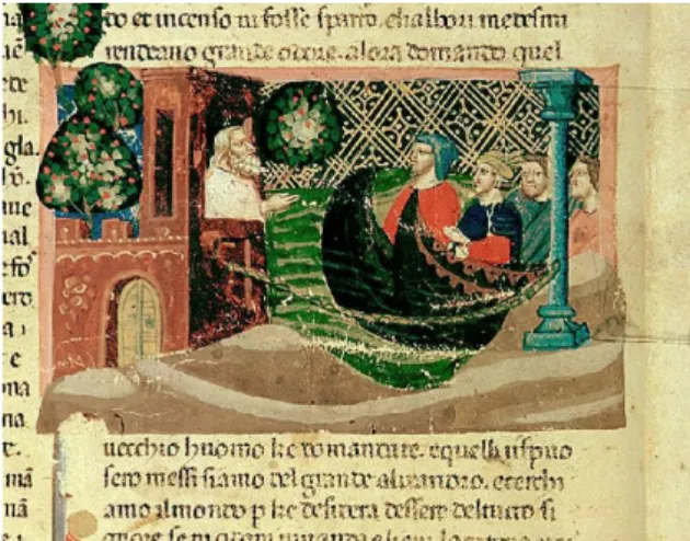 Fig. 3 – «Fatti di Cesare. Alessandro Magno raggiunge le mura del paradiso terrestre»  Firenze, Biblioteca Riccardiana, ms