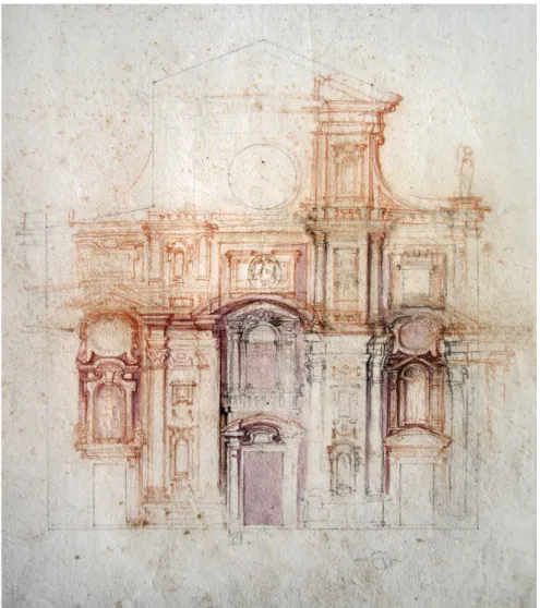 Fig. 1. Bernardino Radi (attr.), progetto per la facciata di Santa Maria del Fiore, matita  nera  e  rossa,  acquerello  violetto,  tracce  di  inchiostro  bruno,  mm