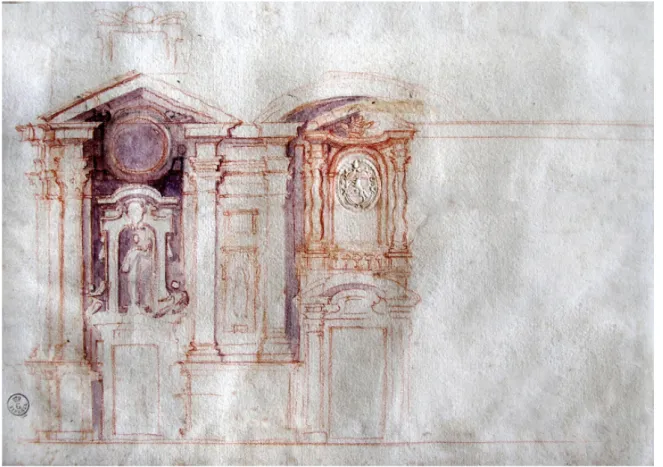 Fig. 5. Bernardino Radi (attr.), progetto per la facciata di Santa Maria del Fiore, matita nera e rossa, acquerello  violetto, tracce di inchiostro bruno, mm