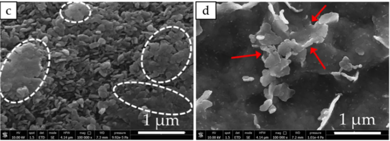 Figure 8. SEM images of investigated samples after cycling: MH (a); MH-Ca3 (b); MH-Ni3 (c); MH-