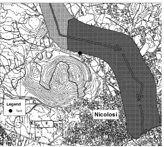 Figure 2. Lava flow scenario in Nicolosi, scale 1:25000 (Comune di Nicolosi, 2007). 