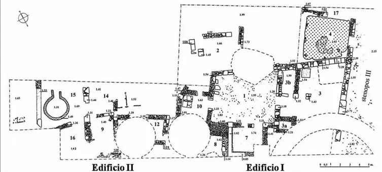 Fig. 2. - Gela, area della stazione vecchia. Isolato ad Ovest dello stenopòs III, particolare della planimetria (da Spagnolo 1991, tav