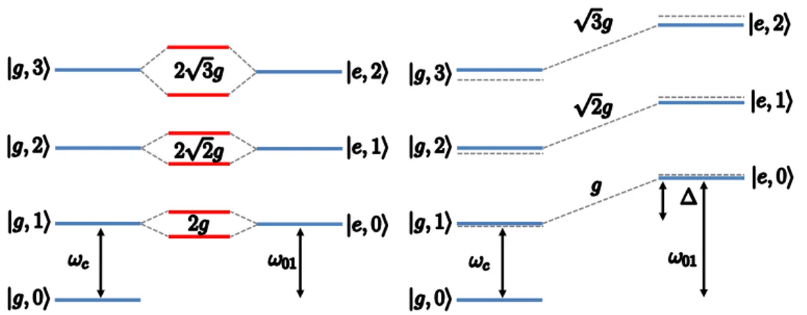 Figure 1.2: Jaynes-Cummings ladder or ‘dressed-qubit’ level structure. (left panel) Degenerate case ω c = ω q 