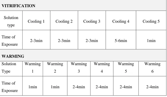 Tabella 2: Protocollo di vitrificazione /riscaldamento utilizzando dispositivi chiusi