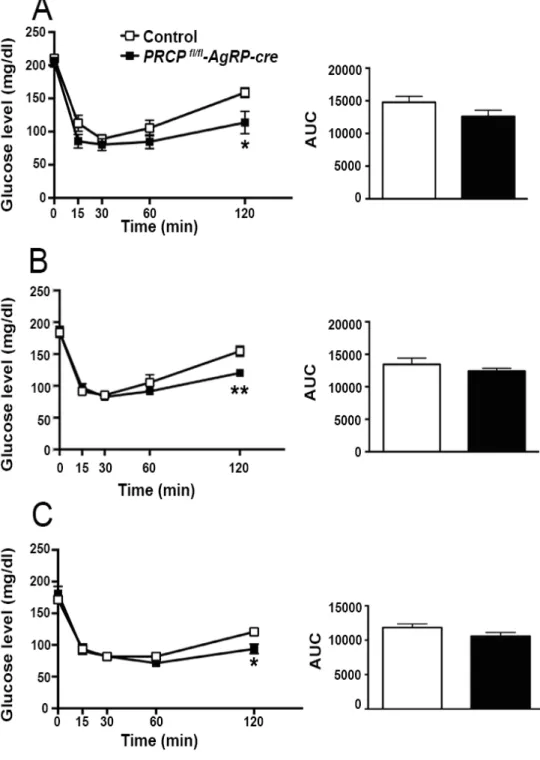 Figure	
  17:	
  PRCP fl/fl -AgRP-cre  	
  male	
  mice	
  have	
  improved	
  insulin	
  tolerance.	
  (A,B	
  and	
  C)	
  Significant	
  difference	
  in	
   insulin	
   tolerance	
   in	
   male	
   PRCP fl/fl -AgRP-cre 	
   animals	
   (n	
  =	
   15)