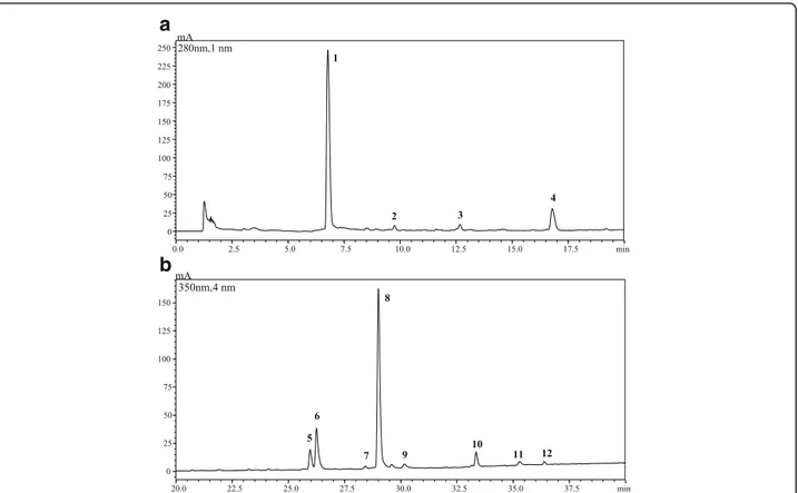 Fig. 1 HPLC-PDA chromatograms of the phenolic compounds, extracted at 280 nm (a) and 350 nm (b) wavelengths, of F