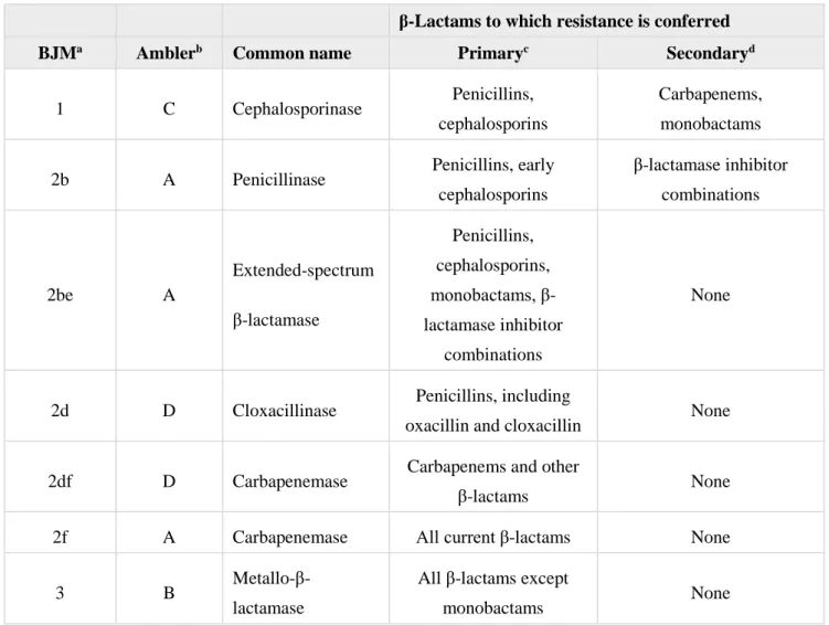 Table 1. Major clinically important β-lactamases in Gram-negative  bacteria (adapted from Bush, 2010) 