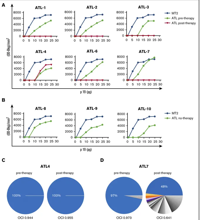 Figure 2. HTLV-1 RT activity and clonality analysis in samples from short-term PBMC cultures from ATL patients pre – and post–in vivo therapy with AZT/IFN