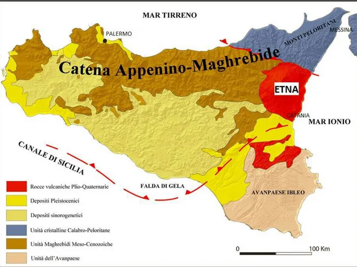 Figura  4.  Carta  geologica  della  Sicilia.  Si  noti  l’area  vulcanica  della  provincia  di  Catania  in  rosso
