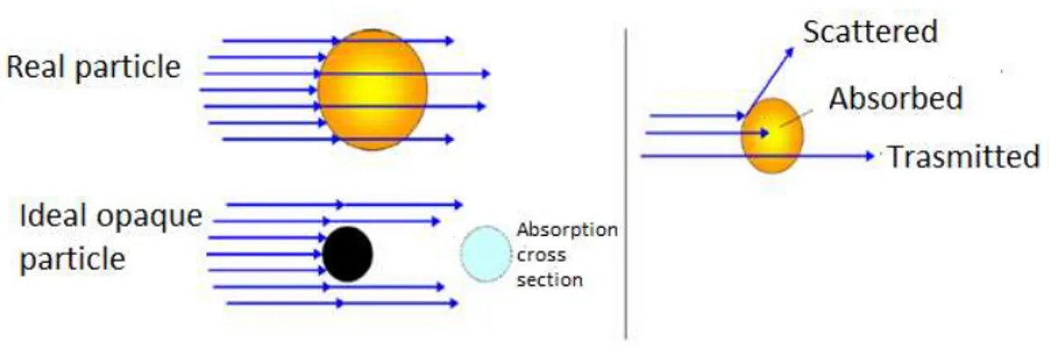 Fig.  1.4-  Left:  illustration  of  absorption  cross  section  concept.  Right:  picture  describing  transmission,  absorption and scattering processes[10]