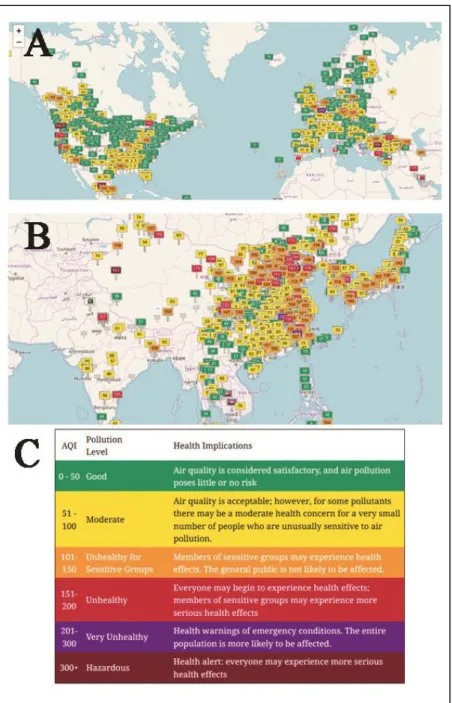 Figure 1 Snapshot of Real Time Air Quality Index map of (A) Europe and North America and (B) Asia; 