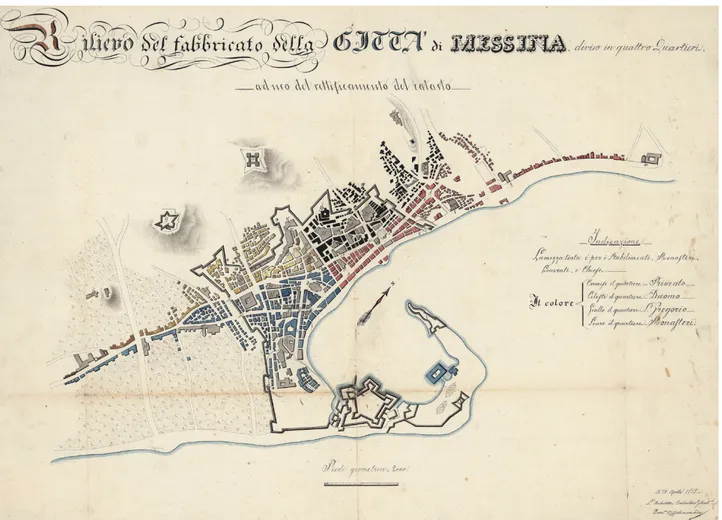 Fig. 4 - Messina nel 1835 con una quadripartizione dell’abitato che ne individua i quartieri: Priorato, Duomo, San Gregorio e  Monasteri