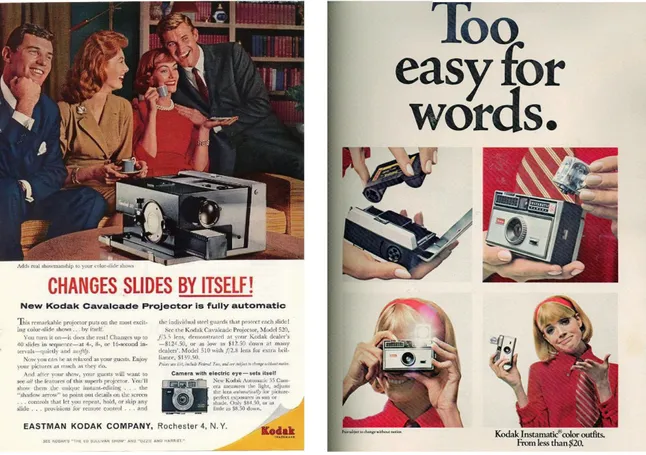 Figura	2	 Pubblicità	del	Kodak	Projector	del	1960	e	della	Kodak	Instamatic	Camera	del	1968.	