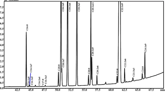 Figure 1 (II-2.2.). 40–70 min enlargement of the GC-FID chromatogram of the  FAMEs  identified
