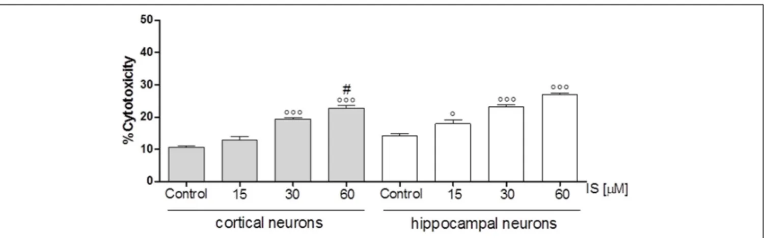 FIGURE 6 | Effect of IS (15–60 µM) on cortical and on hippocampal neuronal cell viability