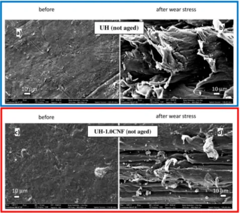 Figure 2. SEM micrographs at 5K × of the not aged external surfaces of: pristine UH before (a) and after the wear stress (b); pristine UH-1.0CNF before (c) and after the wear stress (d).