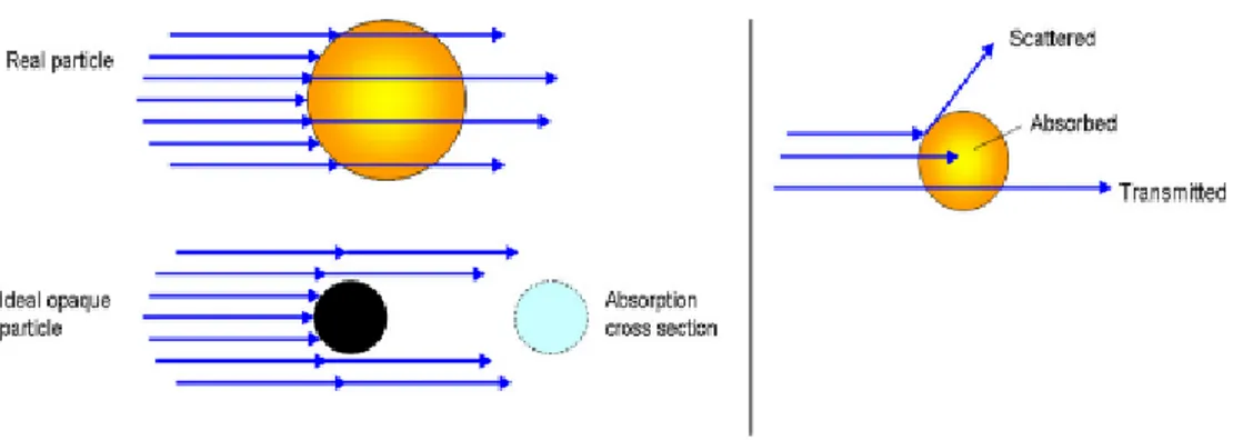 Figure 3 Left: illustration of absorption cross-section concept. Right: picture  describing transmission, absorption, and scattering processes (Garcia 2011,  J