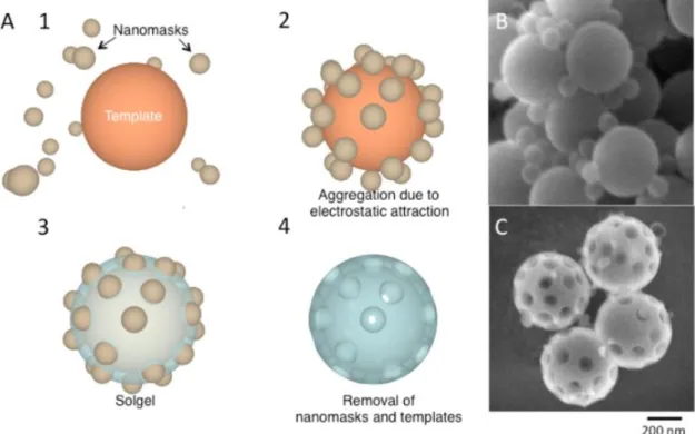 Figure 29. Nanomasking method: A. synthesis steps, B. templates interaction, C. final hollow  nanoparticles [150]