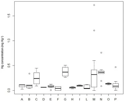 Figure 1. Boxplots of the Hg levels of the fish species examined. Black bars represent the median  values; circles represent the outliers