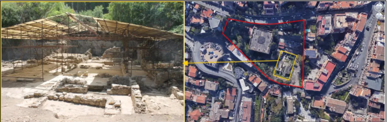 Fig. 28: a destra un’immagine satellitare da Google earth. In rosso l’area di Villa San Pancrazio, in giallo l’area della 
