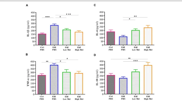 FIGURE 2 | Effect of melatonin on cytokine levels in brain, using ELISA. Levels of pro-inflammatory cytokines (A) IL-1 β and (B) TNF-α