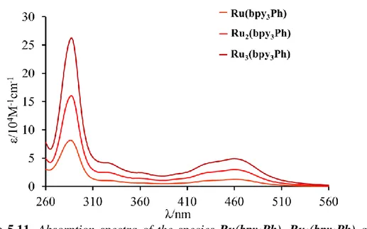 Figure  5.11.  Absorption  spectra  of  the  species  Ru(bpy 3 Ph),  Ru 2 (bpy 3 Ph)  and 