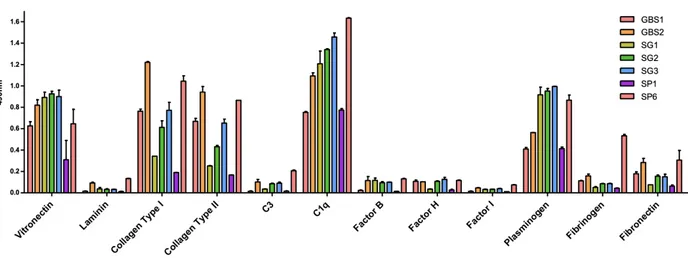 Figure 7 : Enzyme immunoassay test of the seven SSURE in contact with different ECM, such as vitronectin, Collagen Type I and II, Laminin,  Plasminogen, Fibrinogen and Fibronectin