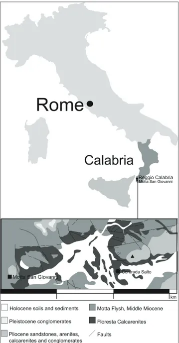 Fig. 1 - Geographical location of  Motta San Giovanni and geological  sketch map of  the area.
