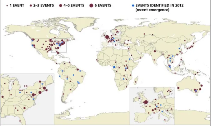 Figura 2  - Distribuzione degli eventi di malattie zoonotiche emergenti tra il 1940 ed  il 2012