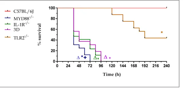 Fig. 10: Lethality of C57BL/6J, MyD88 -/- , TLR2 -/- , IL-1R -/-  and 3D mice. Mice were infected intranasally with  7.5 x 10 7  CFU of S