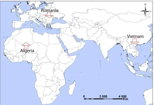 Figure 1. Location of the three case studies in the world. Source: made by A.-I.P. using ESRI ArcView data