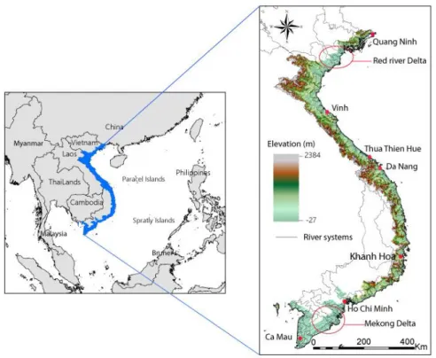 Figure  3.  Location  of  the  Vietnam  shoreline  (blue)  in  Vietnam  and  Asia  (gray)