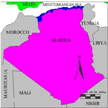 Figure 4. Location of the Algerian shoreline (blue) in Algeria (purple) and Africa (gray)