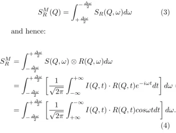 Figure 1: (a)Measured elastic scattering law, SRM, as a function of instrumental energy resolution for different temperature values.(b) Measured elastic scattering law, SRM, as a function of temperature for different instrumental resolution time values.