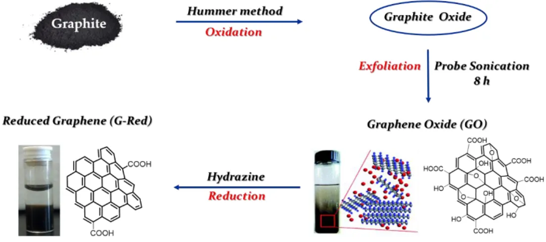 Figure 2.2 Schematic illustration of the preparation of reduced graphene (G-Red).  