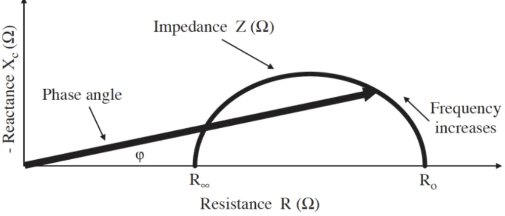 Figure  9.  Diagram  of  the  graphical  derivation  of  the  phase  angle;  its  relationship  with  resistance  (R),  reactance  (Xc),  impedance  (Z)  and  the  frequency  of  the  applied  current