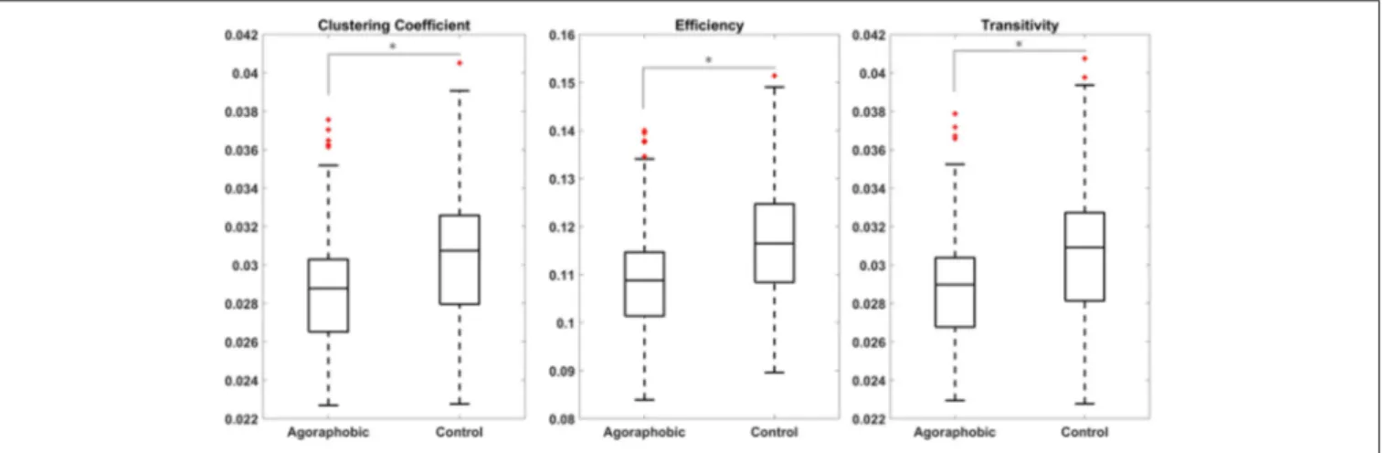 FIGURE 2 | Global clustering coefficient, efficiency, and transitivity were lower in patients with subclinical agoraphobic compared to controls