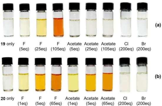 Fig 5.16 - Color changes observed for 19 and 20 in DMSO upon the addition of anions 