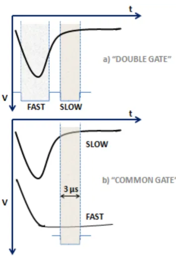 Figure 2.14: Integration of fast and slow components of amplified signals using double gate (a) and the common gate method (b).