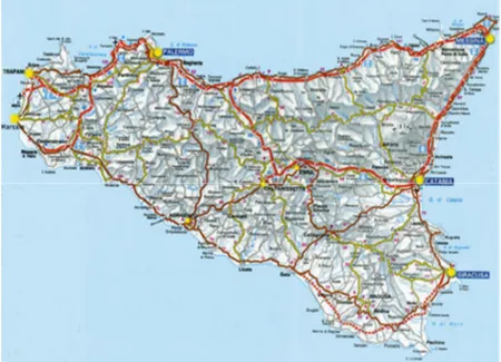 Fig.  6  –  Mappa  della  Sicilia  in  cui  può  ben  evidenziarsi  l’antica  “via  regia  dell’Alcantara”,  Carte  geografiche di Sicilia