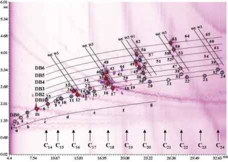 Figure 4.7. GC×GC analysis of human plasma fatty acids. For peak identification see  ref