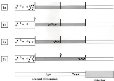 Figure  4.10.  Twin-stage  thermal  desorption-modulation  process  on  two  compounds,  co- eluting in the first dimension [43]