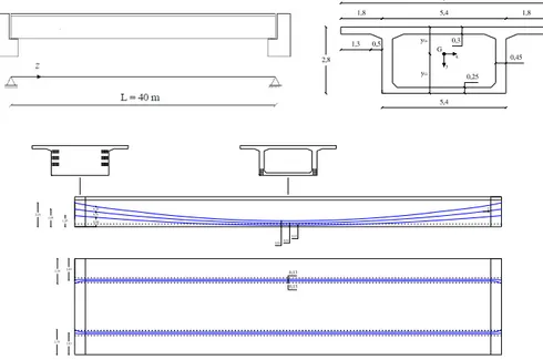 Figura 5. Esquema de la viga de ejemplo y disposición de los cables de pretensado 