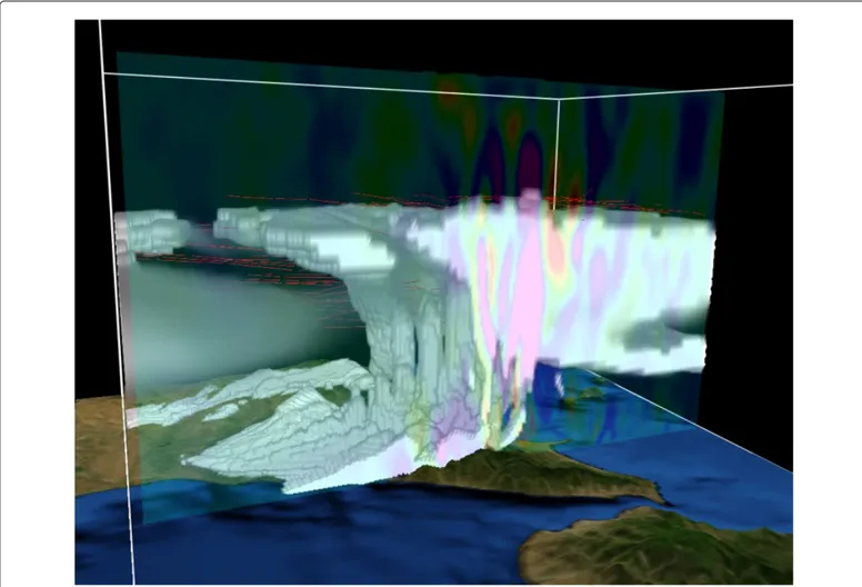 Figure 2: Structure of the thunderstorm cell at 06:00 UTC obtained plotting a Direct Volume Rendering of CLDFRA field with isosurface=1.